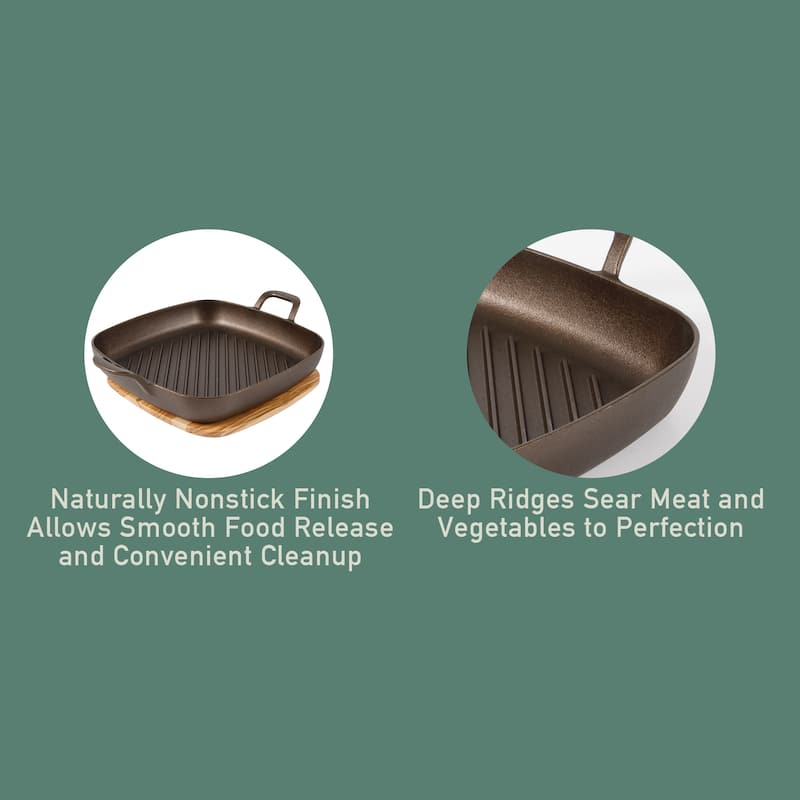 Bloomhouse Natural Bronze Finish Pre-seasoned Cast Iron Grill, Everyday Pan, Skillet & Olive Wood Trivet