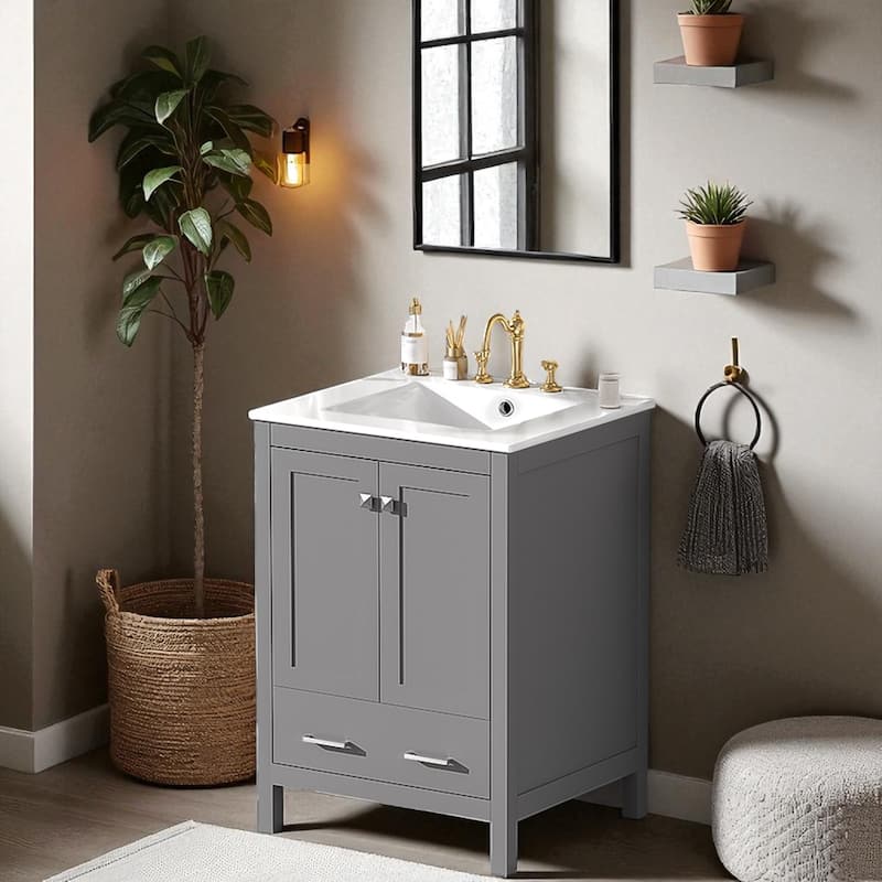 24" Bathroom Vanity with Ceramic Undermount Sink, 2 Doors, 1 Drawer, Soft-Close, Adjustable Shelf