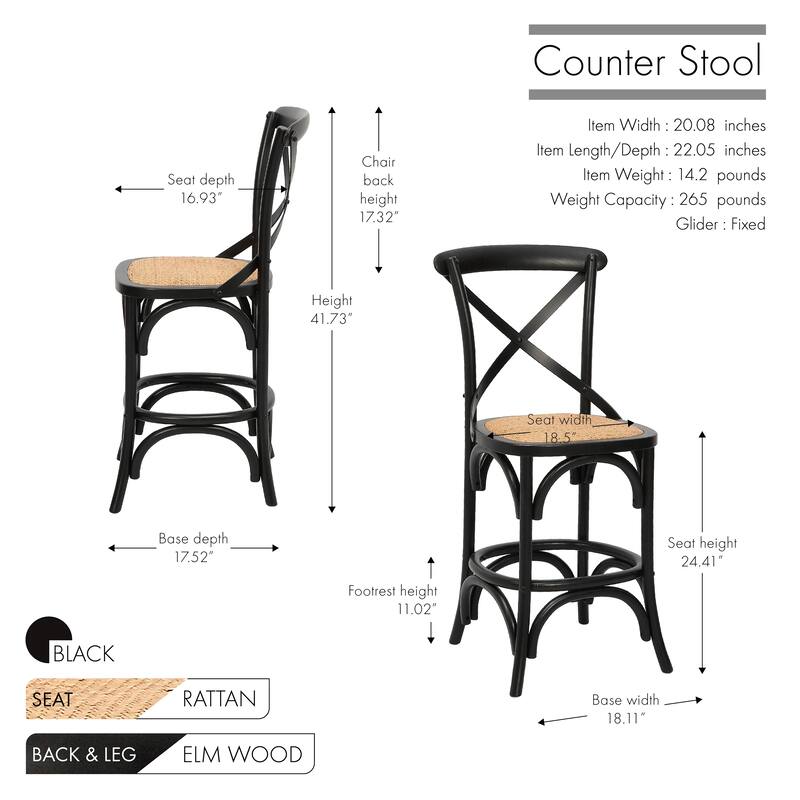 Porthos Home Ziva Counter Stools Set of 2, Elm Wood with Woven Rattan
