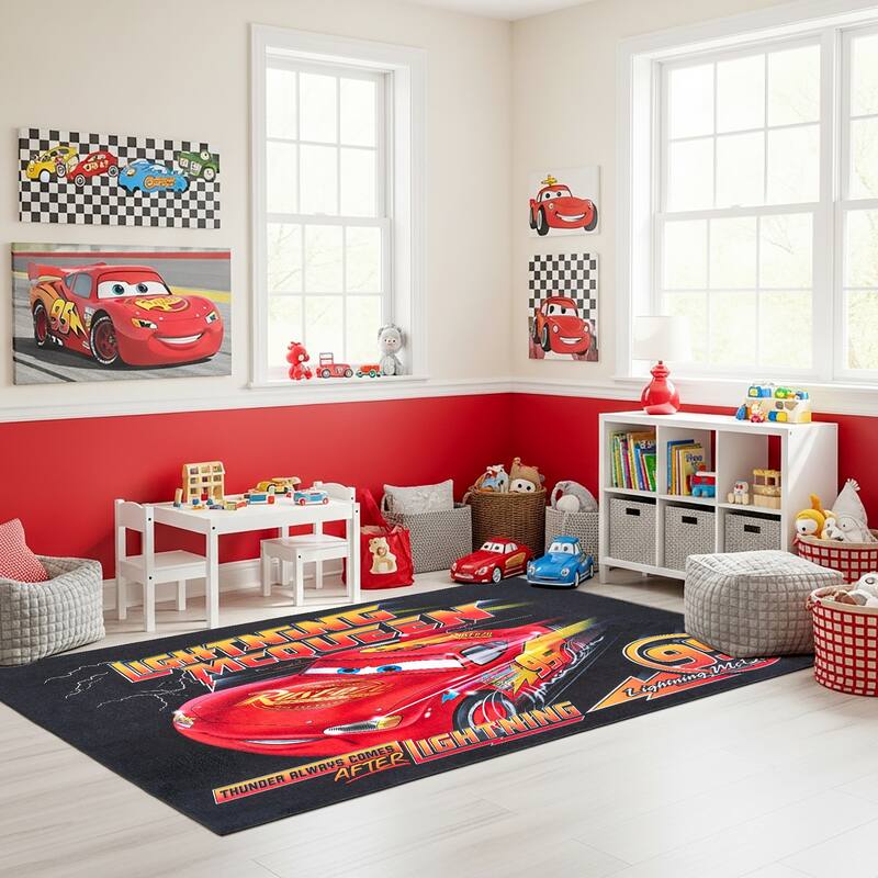 Licensed Disney Pixar Cars Lightening McQueen Modern Character Printed Flannel Non-Slip Washable Indoor Kids Area Rug, 54"x78"