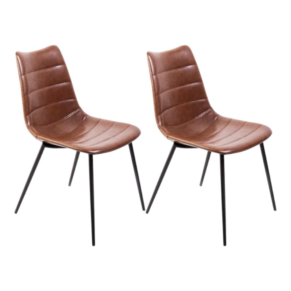 Brown Faux Leather Dining Side Chairs with Black Iron Legs Set of 2 - 17" L x 22” W x 32" H