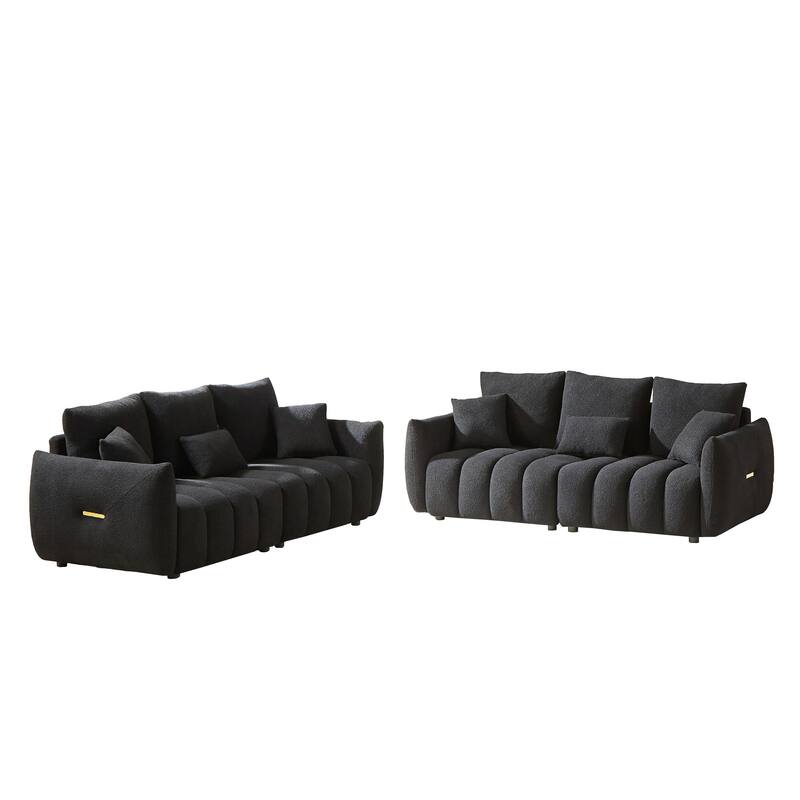 3-Seater + 3-Seater Sofa Set - Modern Teddy Fabric Couch with 6 Cushions for Gatherings