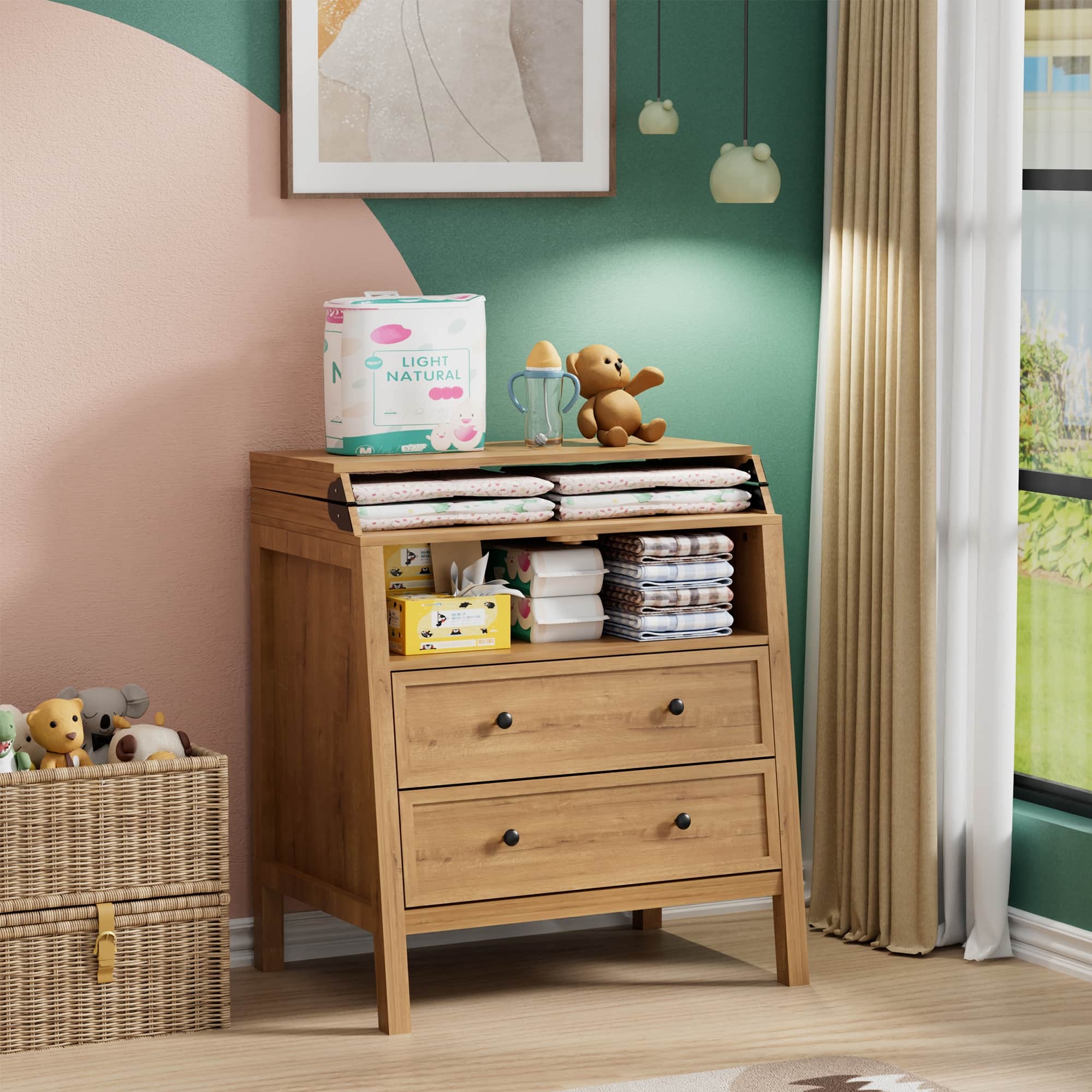 baby changing table dresser Amish Traditional Solid Wood for Bedroom with four spacious lower drawers and three smaller drawers lining the top Multifunctional Flip-Top Nursery Organizer &