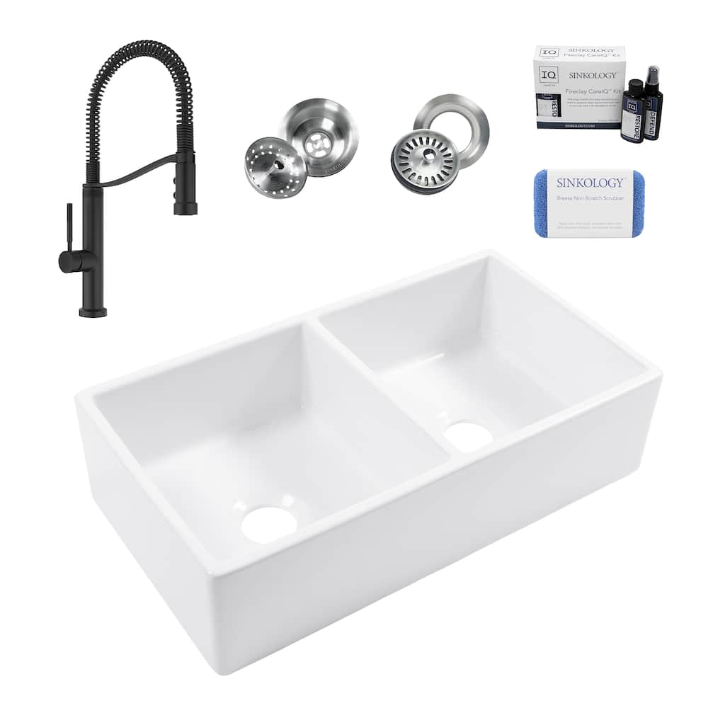 Turner Crisp White Fireclay 33" Double Bowl Farmhouse Apron Front Undermount Kitchen Sink with Bruton Black Faucet Kit