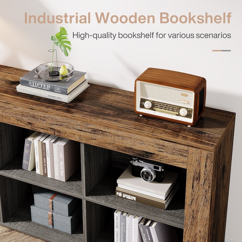 63-inch Horizontal Wood Bookshelf, Industrial Long Bookcase