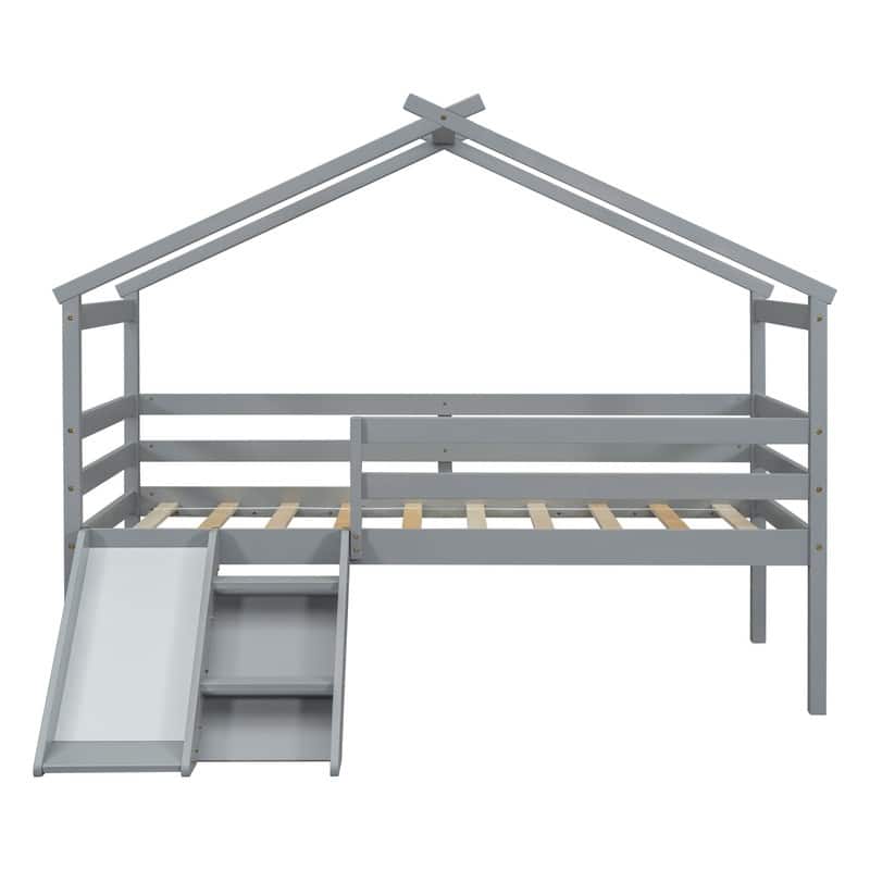 Twin Low Loft House Bed with Slide,Ladder and Safety Guardrails