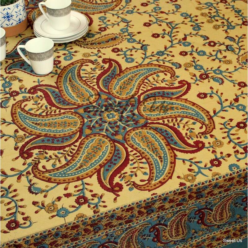Cotton Block Print Paisley Floral Tablecloth Rectangle