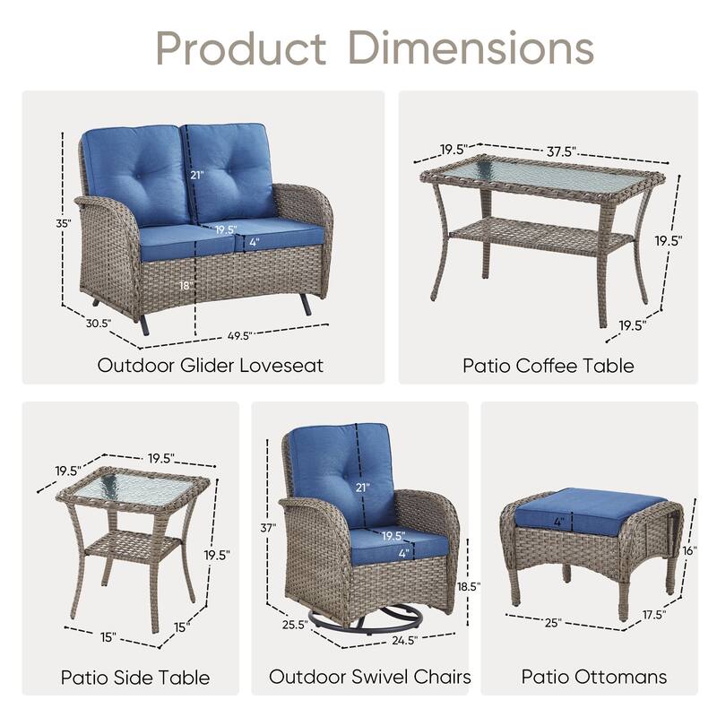 Outdoor Glider Sofa Swivel Chairs Table Ottoamns Grey-Blue - Grey