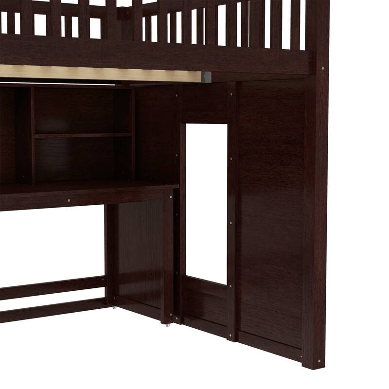 Children's Bedroom Solid Wood Loft Bed with Movable Desk, Storage Stairs, Shelves, Safety Guardrails and Optional Full or Twin