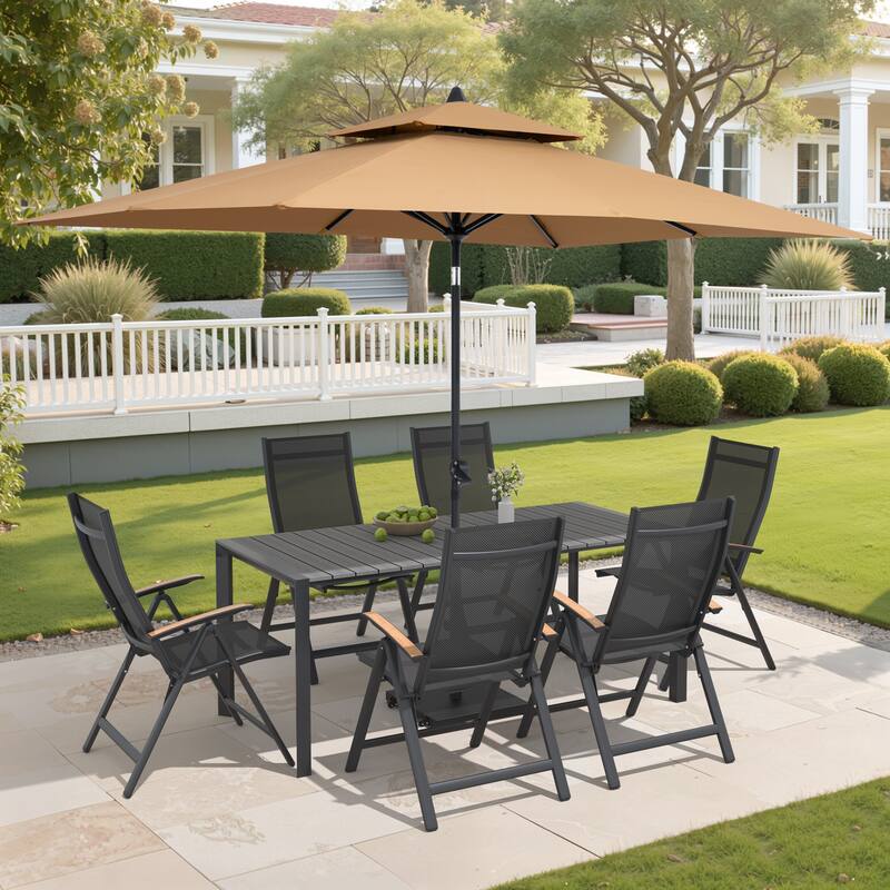 9/11-Piece Outdoor Patio Dining Set Aluminum Dining Table and Chairs w/10 ft Market Umbrella and Base with Wheels - Set of 9 - Grey Table with Tan Umbrella