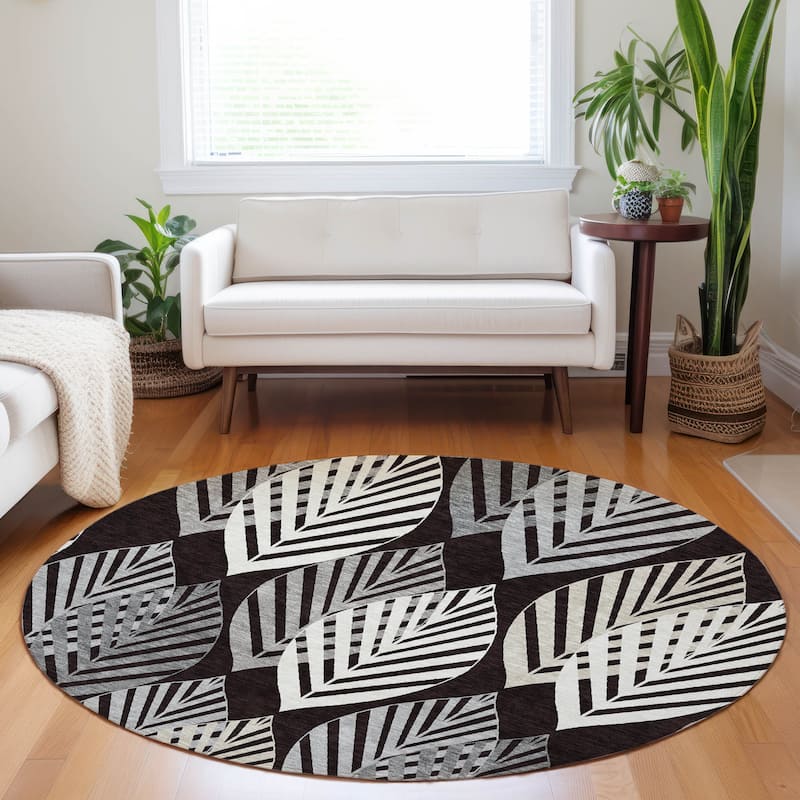 Premium Washable Super Soft Farmhouse Leaves Mayfield Rug - Black - 8' x 8' - Round
