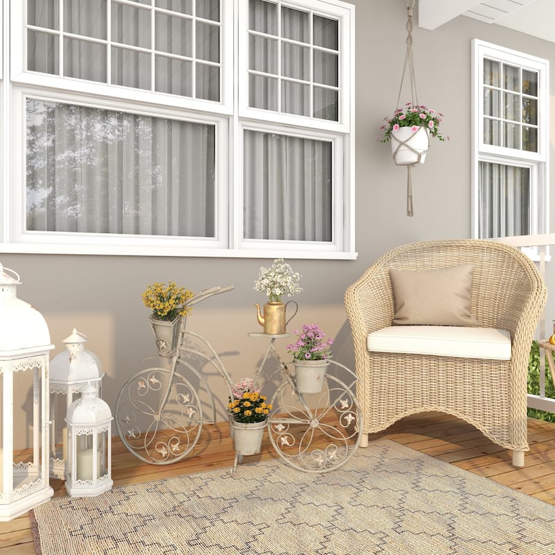 Gray Metal Distressed Indoor Outdoor Scroll 3 Tier Bike Indoor Outdoor Plantstand with Fleur De Lis Wheels