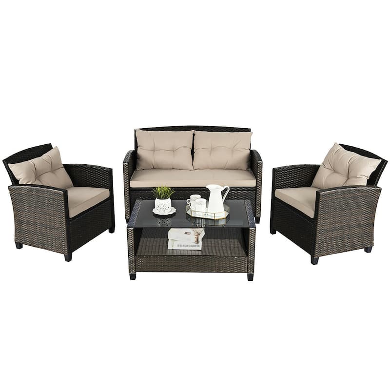 Costway 4PCS Outdoor Rattan Furniture Set Cushioned Sofa Armrest Chair - See Details