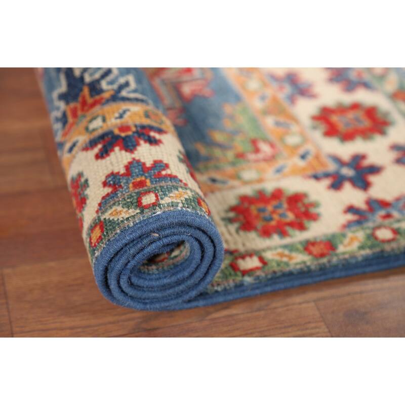 Hand Knotted Oriental 100% Wool Carpet Traditional Geometric Navy Blue & Blues Kazak Area Rug - 3' 1'' X 1' 11''