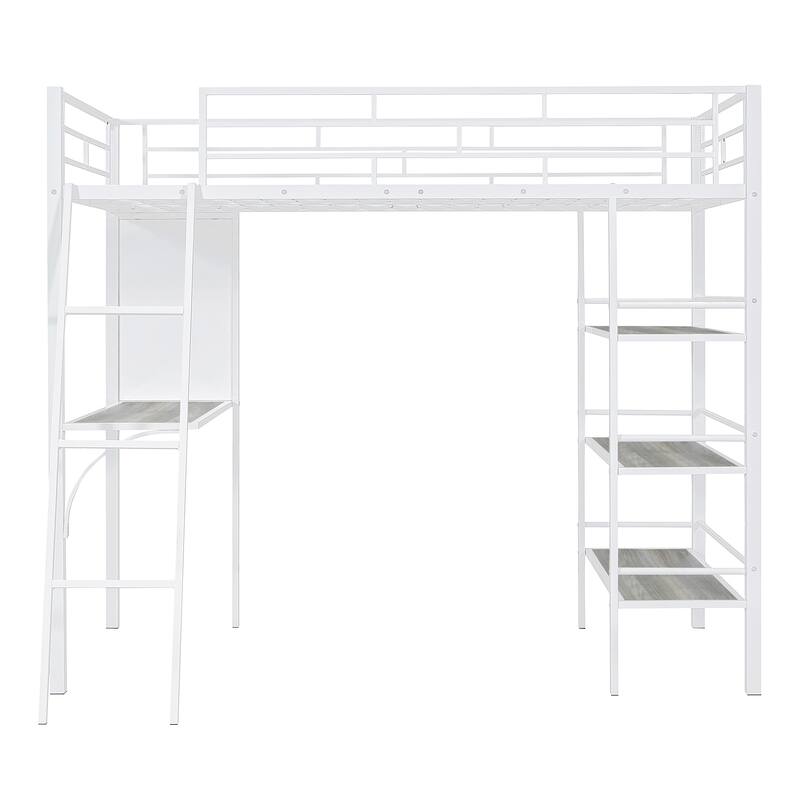 Stylish Twin Size Loft Metal Bed with Shelves, Desk, and Whiteboard - Space-Saving Metal Frame Bed for Work and Play