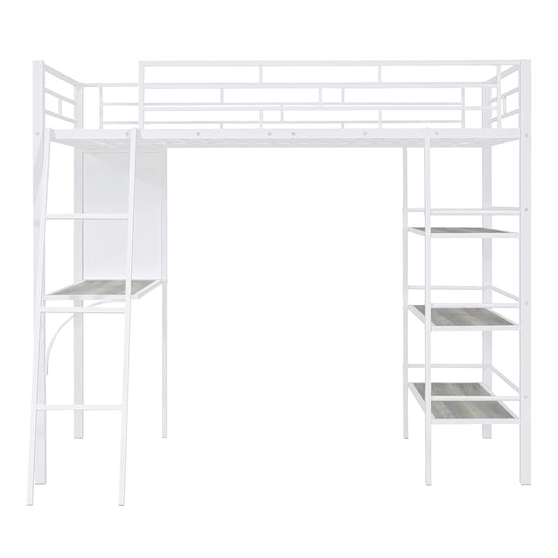 Twin Loft Bed with Shelves, Desk, and Whiteboard, a Stylish and Functional Bedroom Centerpiece - White