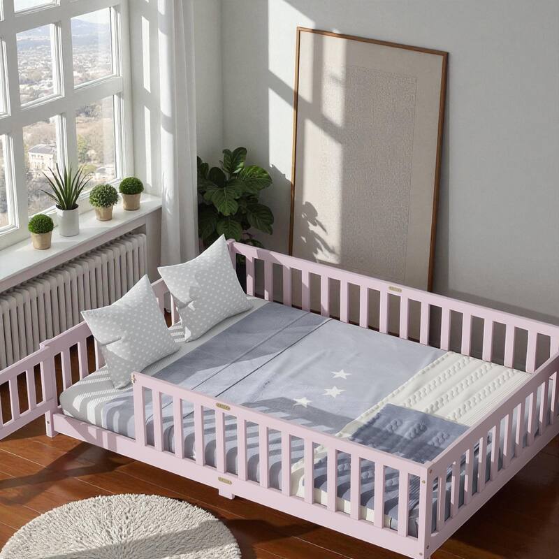 Full Size Rubber Wood Floor Bed with Fence and Door, Montessori Platform Bed with Safety Guardrails for Kids