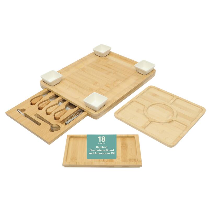 Gibson Home Rustic Inspirations 18-Piece Bamboo Charcuterie Board Set - Ceramic Bowls, Utensils