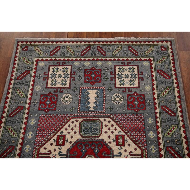 Geometric Kazak Accent Rug Hand-Knotted Wool Carpet - 3'4" x 4'10"