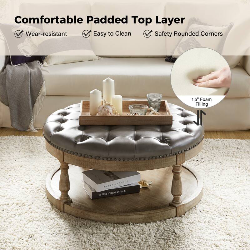 Dulcie Traditional Cocktail Vegan Leather Ottoman with Solid Wood Legs by HULALA HOME