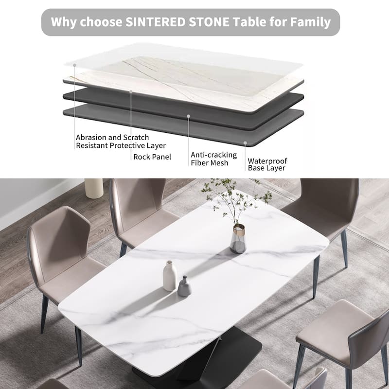 70.87"Modern artificial stone white curved black metal leg dining table-can accommodate 6-8 people