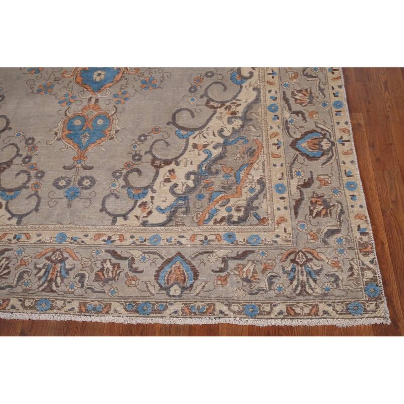 Distressed Tabriz Vintage Persian Rug Hand-Knotted Grey Wool Carpet - 6'6" x 9'7"