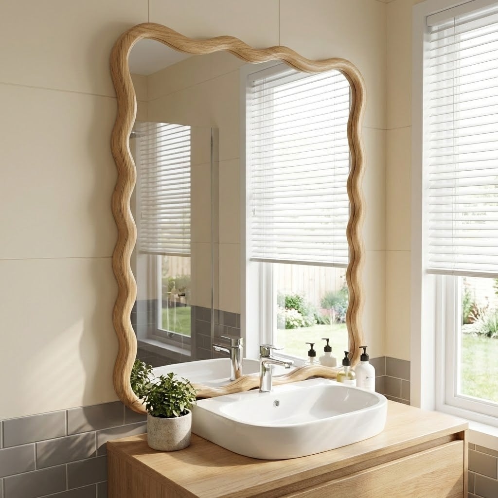 Modern Wavy Solid Wood Wall Mirror, Decorative Glass Vanity Mirror, for Bathroom, Bedroom, Living Room & Entryway