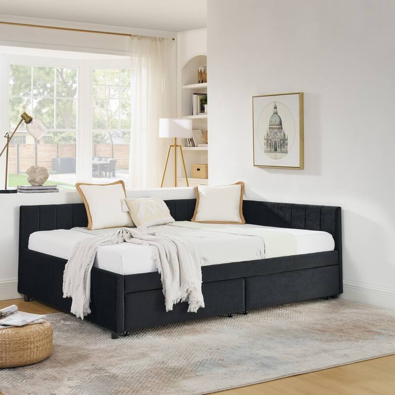 Roomfitters Full Velvet Daybed with Two Storage Drawers, Upholstered Sofa Bed Frame with Backrest and Armrests - Black - Full