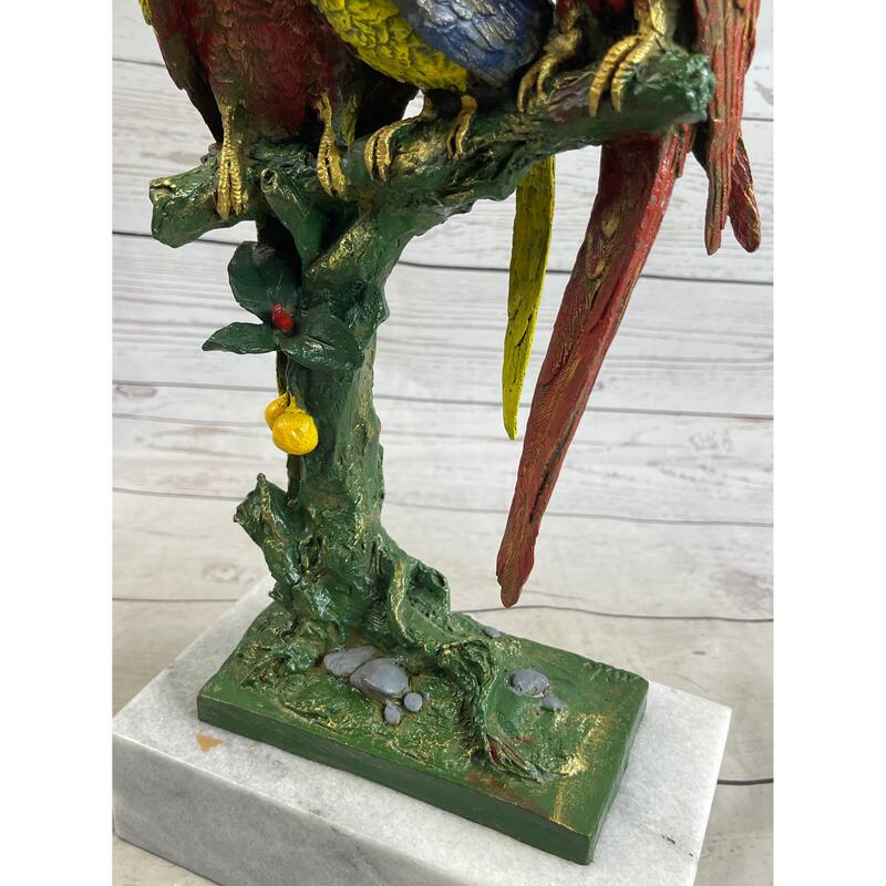 Handcrafted Brazilian Parrot Family Bronze Sculpture On White Marble Base