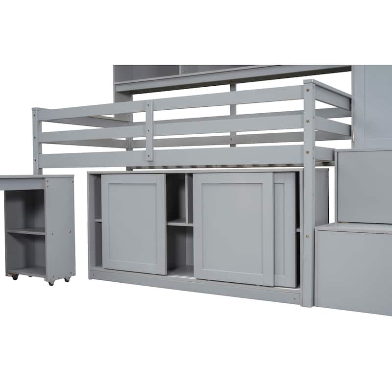 Twin Size Wooden Loft Bed Big Storage with Under-bed Desk, with Drawers, with Shelves, Gray
