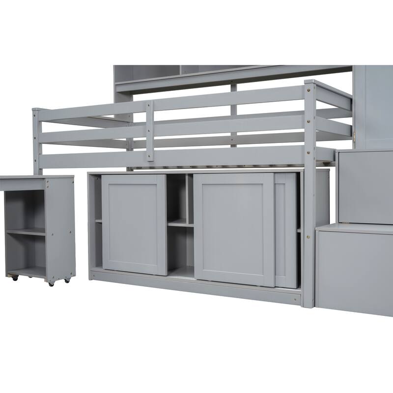 Twin Size Wooden Loft Bed with Integrated Wardrobe, Under-bed Desk, Drawers, with Shelves