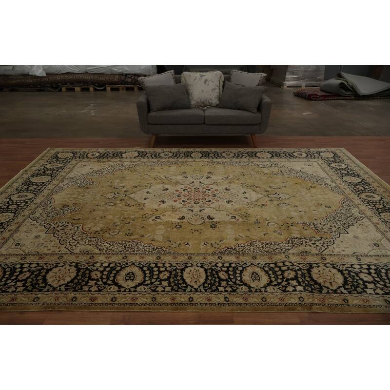 Hand Knotted Oriental 100% Wool Carpet Traditional Floral Yellow & Gold Ziegler Area Rug - 12' 4'' X 9' 0''