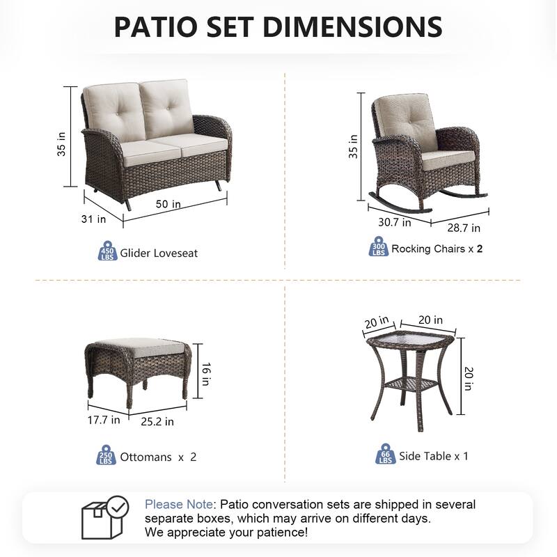 Pocassy 6 Pieces Glider Sofa with Rocker Chairs Ottomans Table