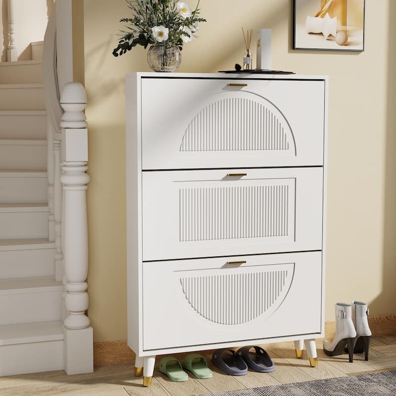 Slim Shoe Cabinet, Fluted Hidden Shoe Storage Cabinet with 3 Flip Drawers