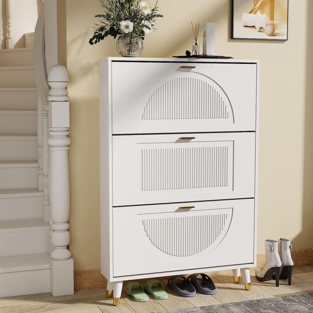 Slim Shoe Cabinet, Fluted Hidden Shoe Storage Cabinet with 3 Flip Drawers