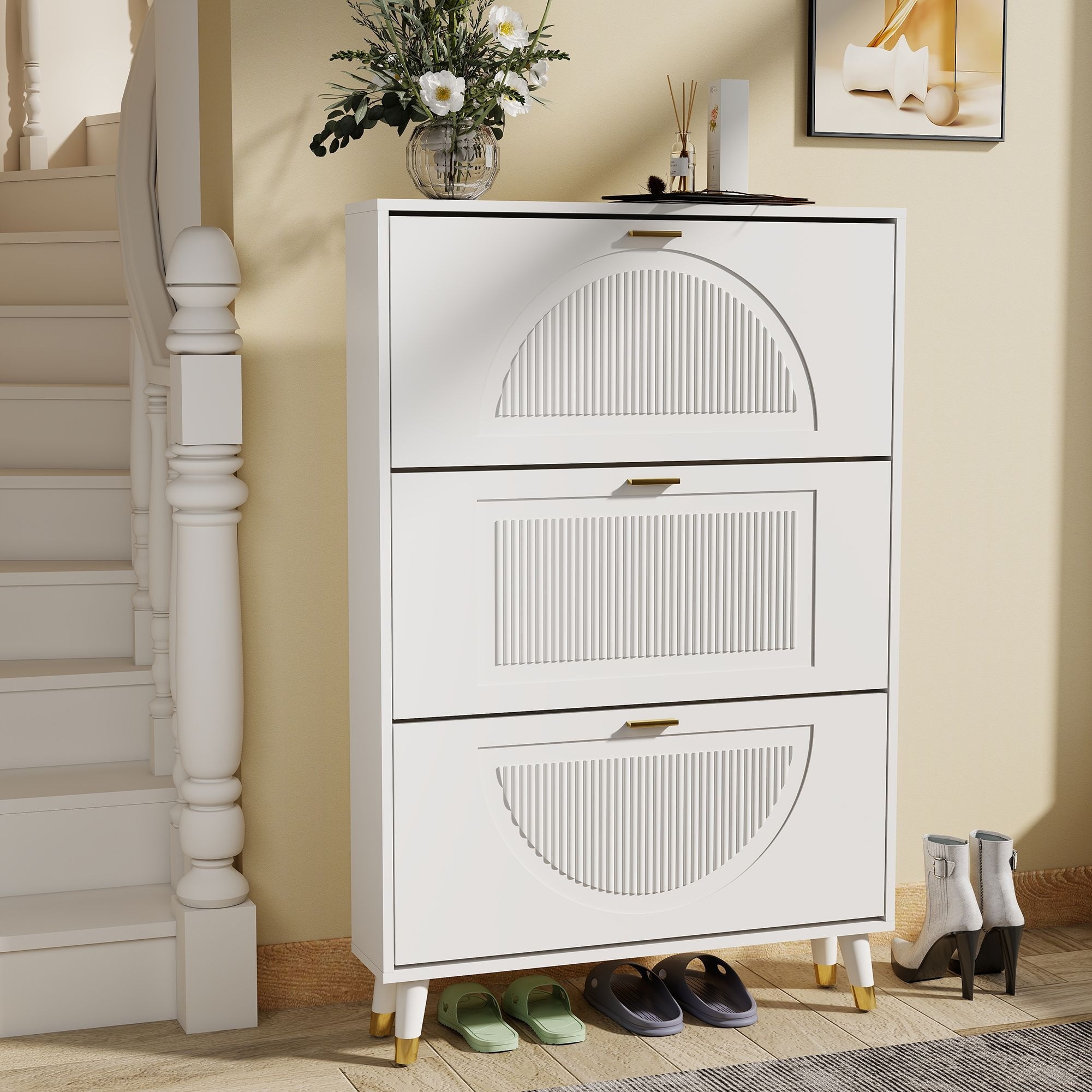 Slim Shoe Cabinet, Fluted Hidden Shoe Storage Cabinet with 3 Flip Drawers
