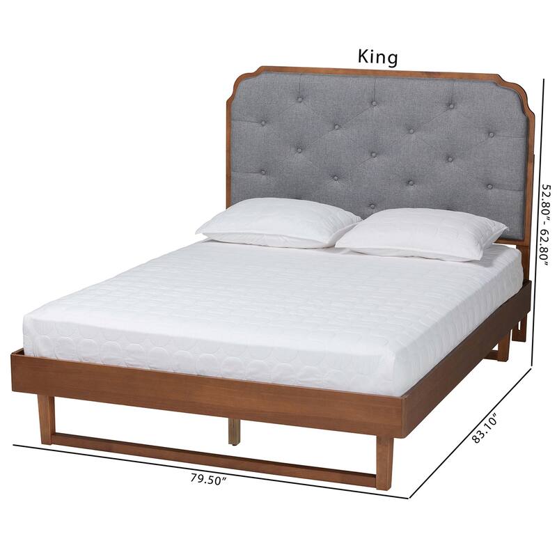 Roald Mid-Century Modern Grey Fabric and Walnut Brown Wood Queen Size Platform Bed