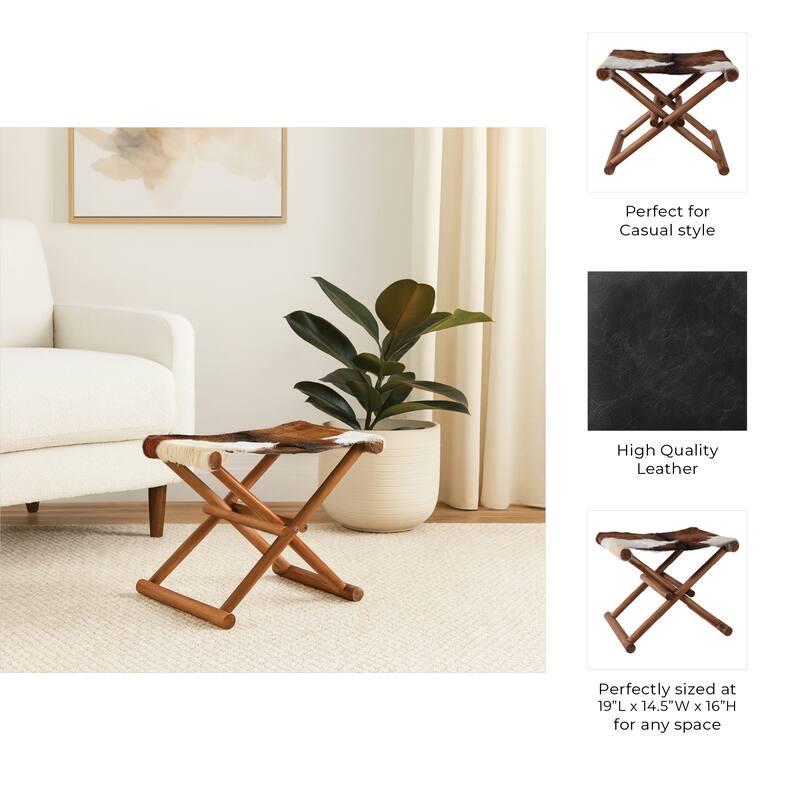 Foldable Backless Cowhide Storage Stool with Solid Wood Frame