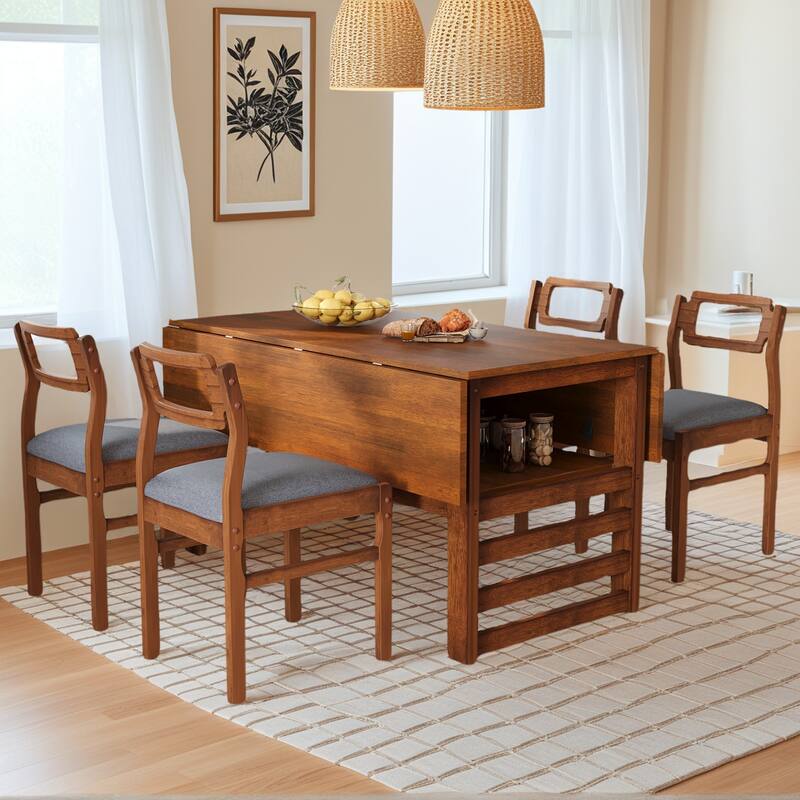 Extendable Dining Table Set for 4 w/Storage Shelf Dining Table - Brown