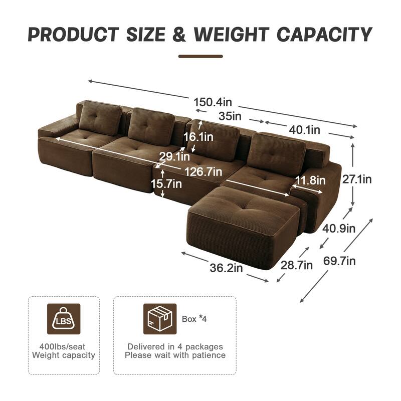 Roomfitters No Assembly Modular Sofa, 117 Inch Corduroy 3-Seater with Piping, Brown