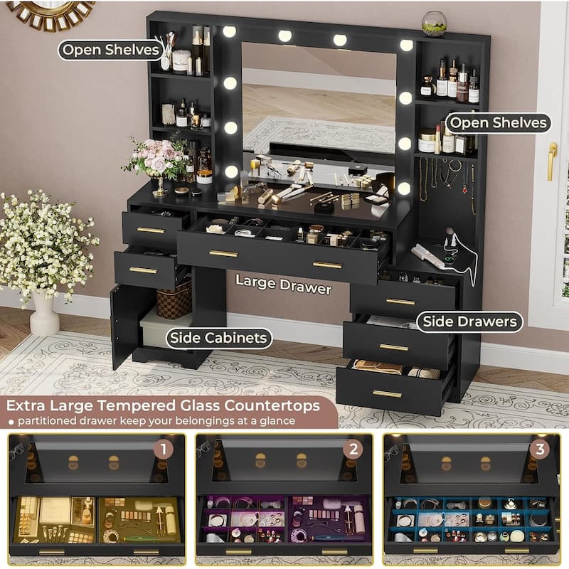 Vanity Desk Mirror Power Outlet 4 Shelves 6 Drawers Glass Tabletop