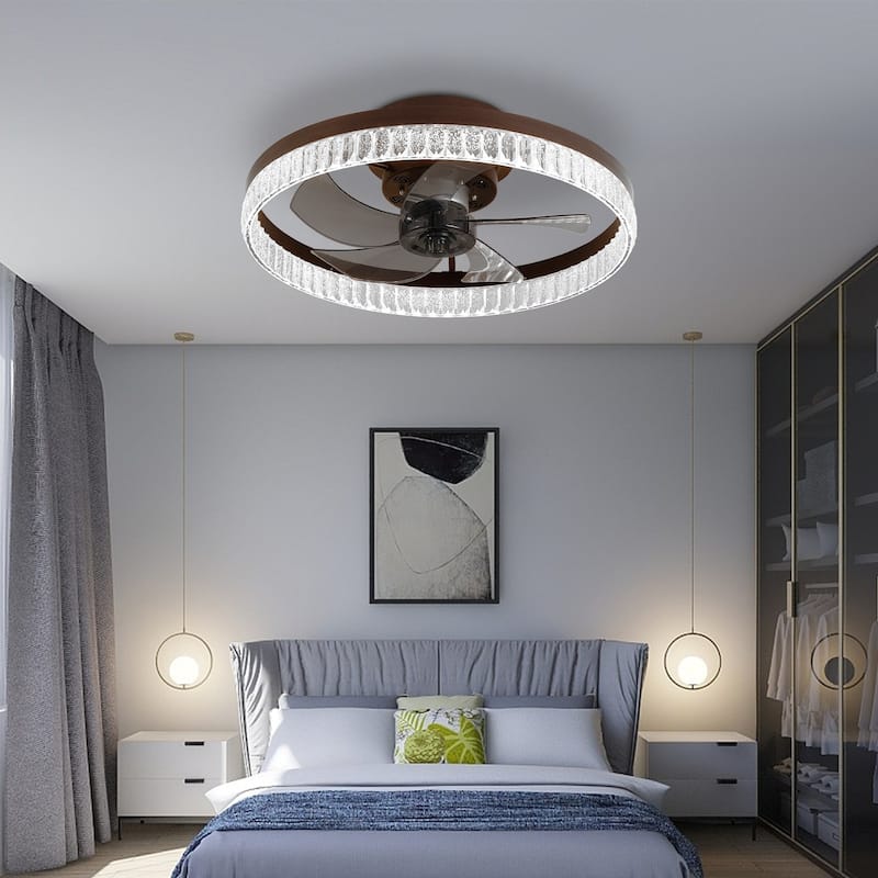 20" Brown Ceiling Fan with LED Light - Modern Flush Mount Fan Light for Bedroom, Living Room,Crystal Ring Design