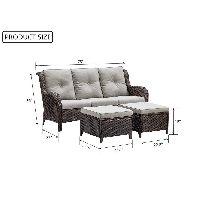 Gymojoy 3-Piece Outdoor Patio High-back Wicker Sectional Ottoman Set
