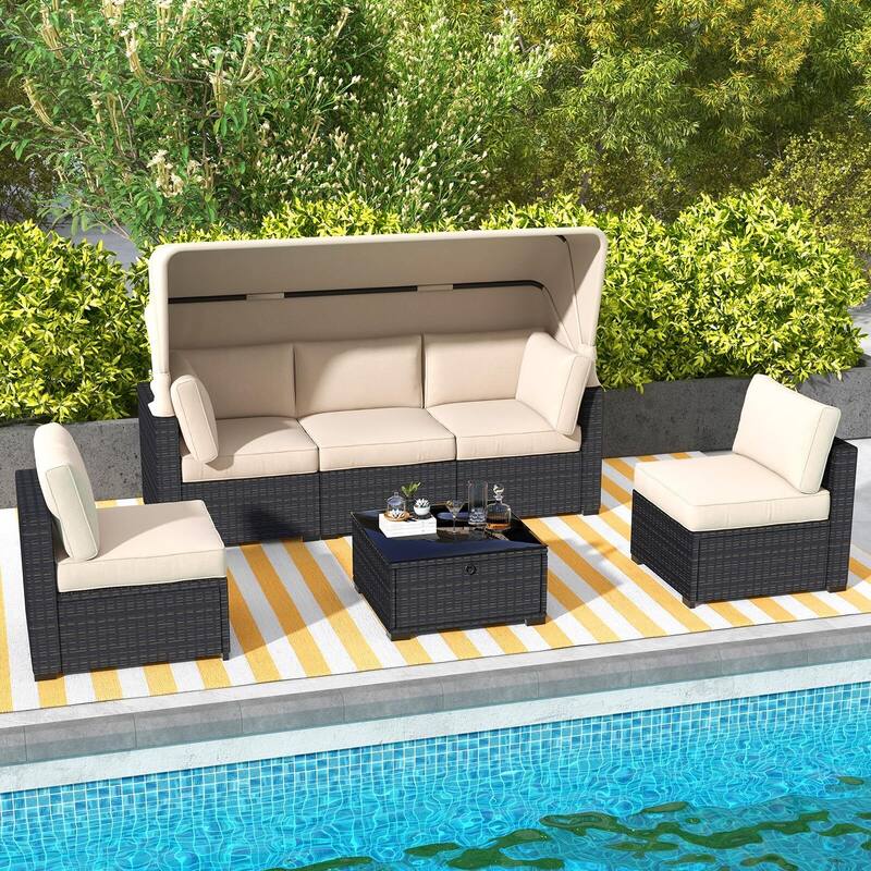 6pcs Outdoor Rattan Wicker Furniture with Canopy