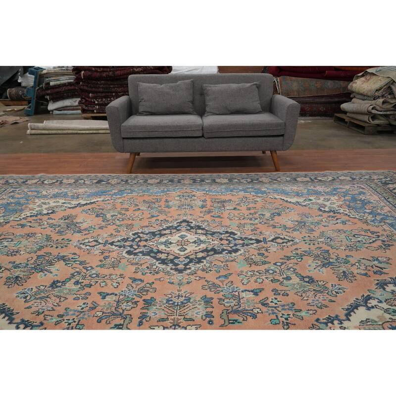 Hand Knotted Oriental 100% Wool Carpet Traditional Floral Peach Hamedan Area Rug - 12' 4'' X 8' 4''