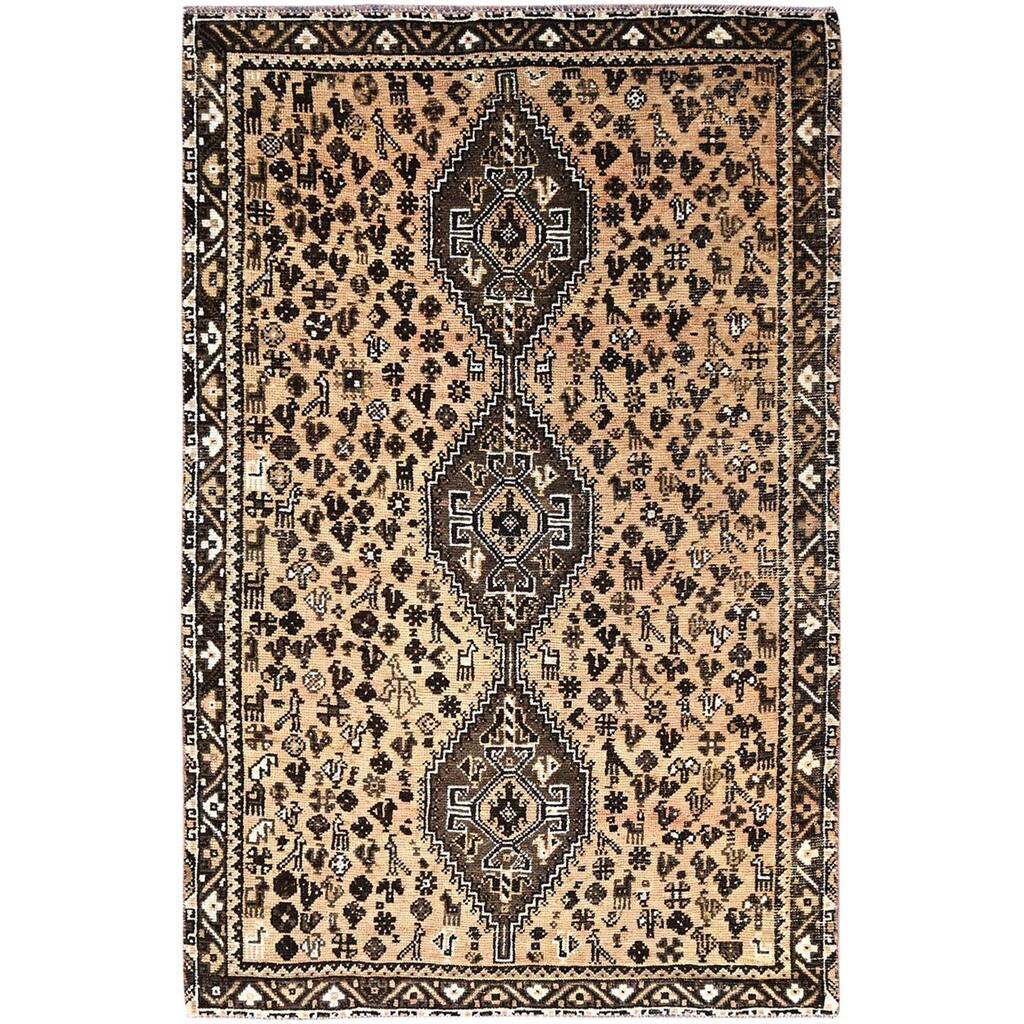 Shahbanu Rugs Bisque Brown Hand Knotted Old Persian Shiraz Small Birds Figurines Wool Clean Distressed Look Rug (5'8"x8'7")