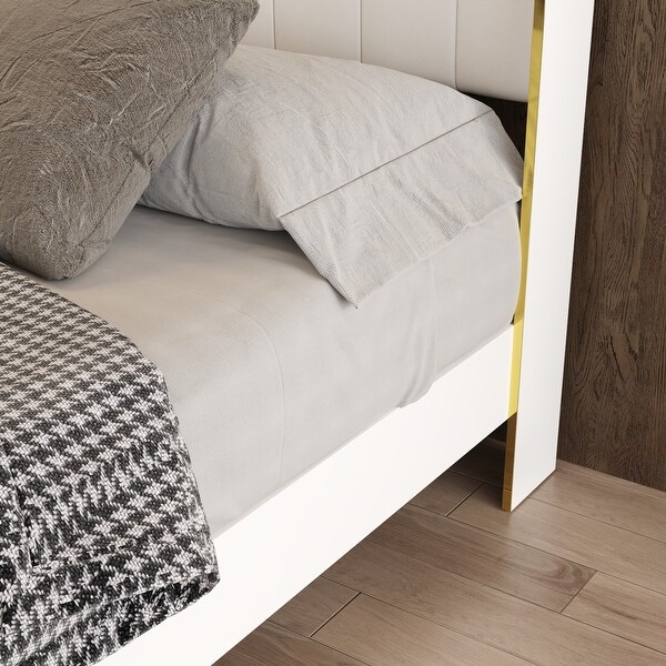 White Bed Frame: PU - Upholstered Headboard with Exquisite Gold