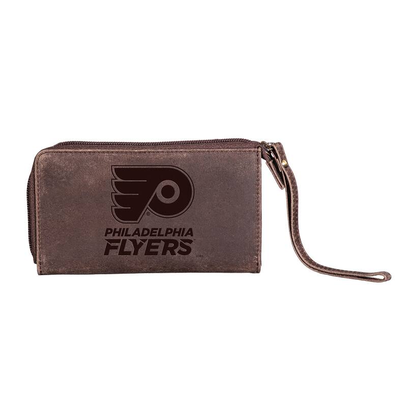 Brown Leather Cell Phone Wristlet Wallet, Philadelphia Flyers - 4" x 7"