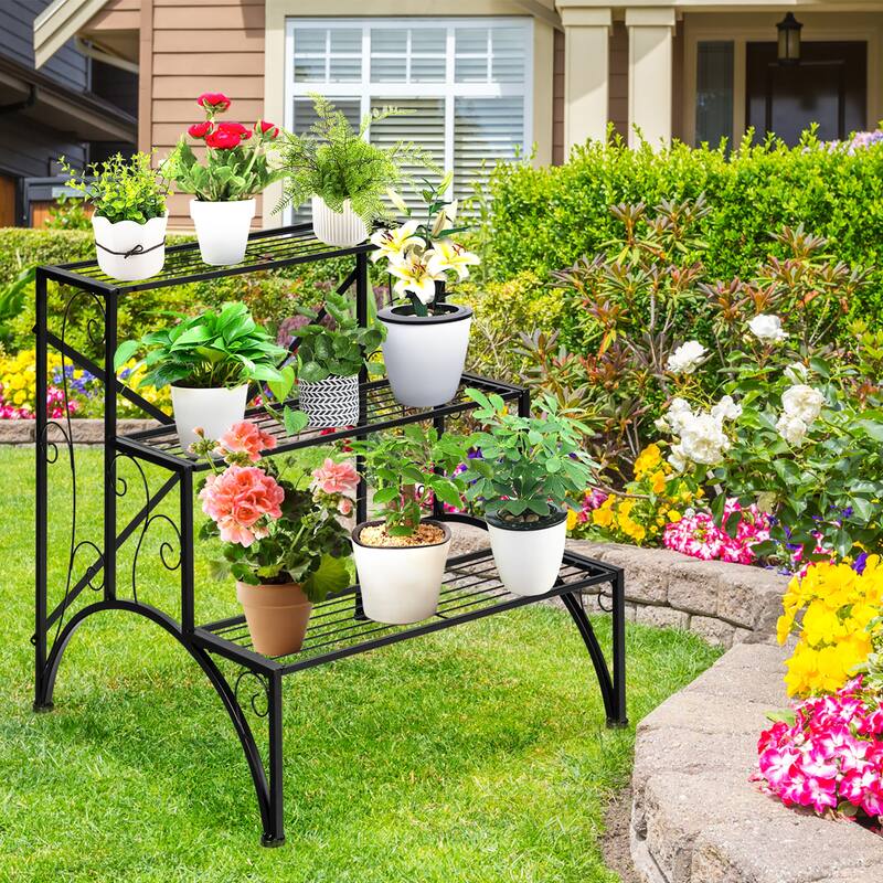 Costway Plant Rack 3-Tier Metal Plant Stand Garden Shelf Stair Style - 24''x 24.5'' x 27''