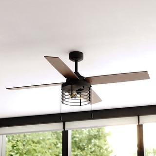 Rowan 52 in. Black Ceiling Fan with Reversible Driftwood-Black Walnut Blades, LED Light Kit and Pull Chain, Wire Cage Drum Shade